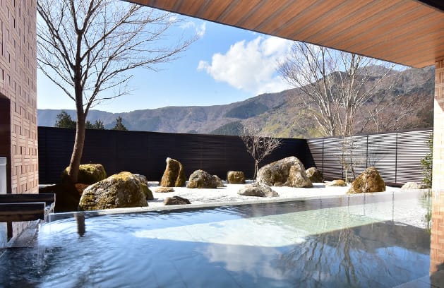 在露天浴池可眺望到位於庭園另一側的箱根群山,或在此享受桑拿